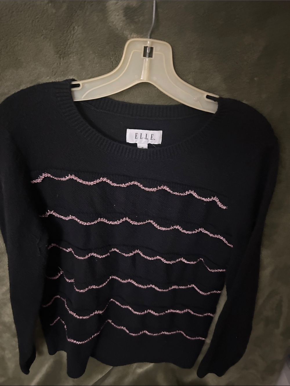 ELLE Black Crewneck Sweater with Pink Metallic Wave Accents